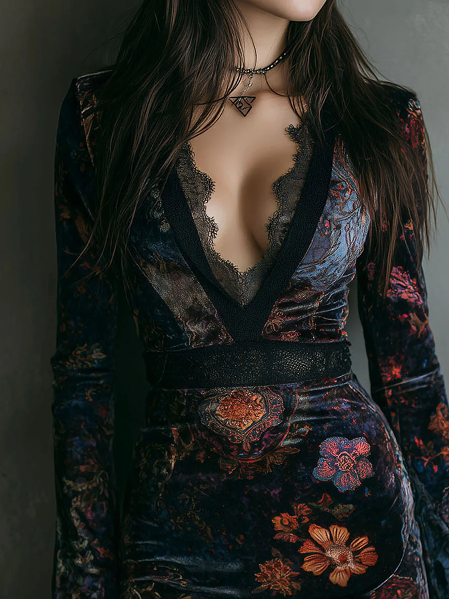 Selene ❘ Mini Abito in Velluto con Stampa Floreale e Pizzo